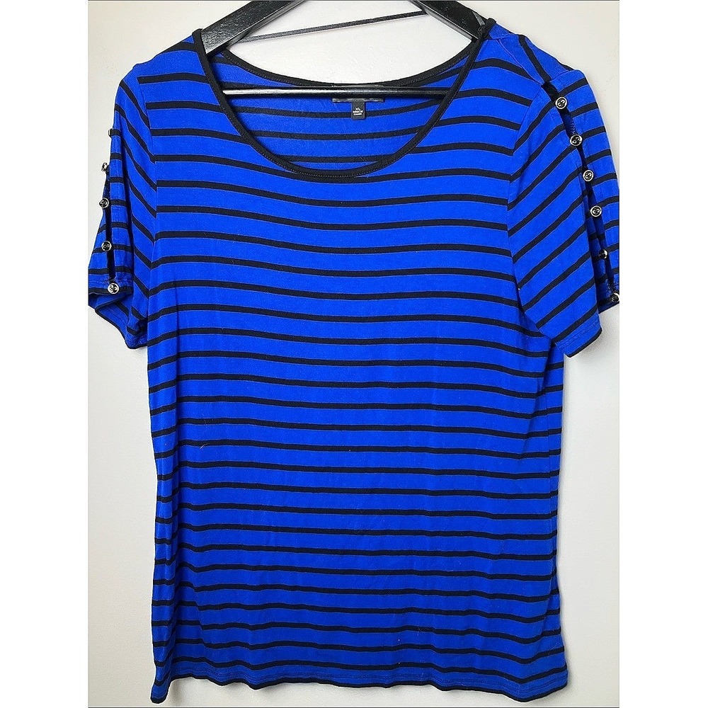 Spense Nautical Coastal Blue Striped Shirt Button Accent Sleeves Size XL